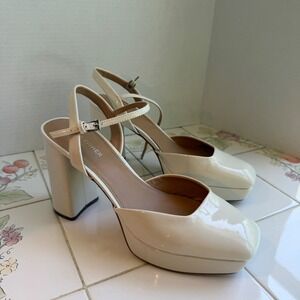 Marc Fisher Platform Pumps Womens 9.5M Cream Patent Square Toe Block Heel